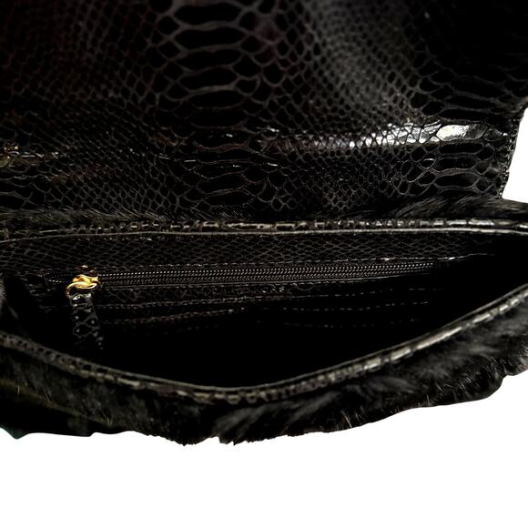 Michael Kors Black Python Embossed Leather & Rabbit Fur Fulton Shoulder Bag - Picture 7 of 10